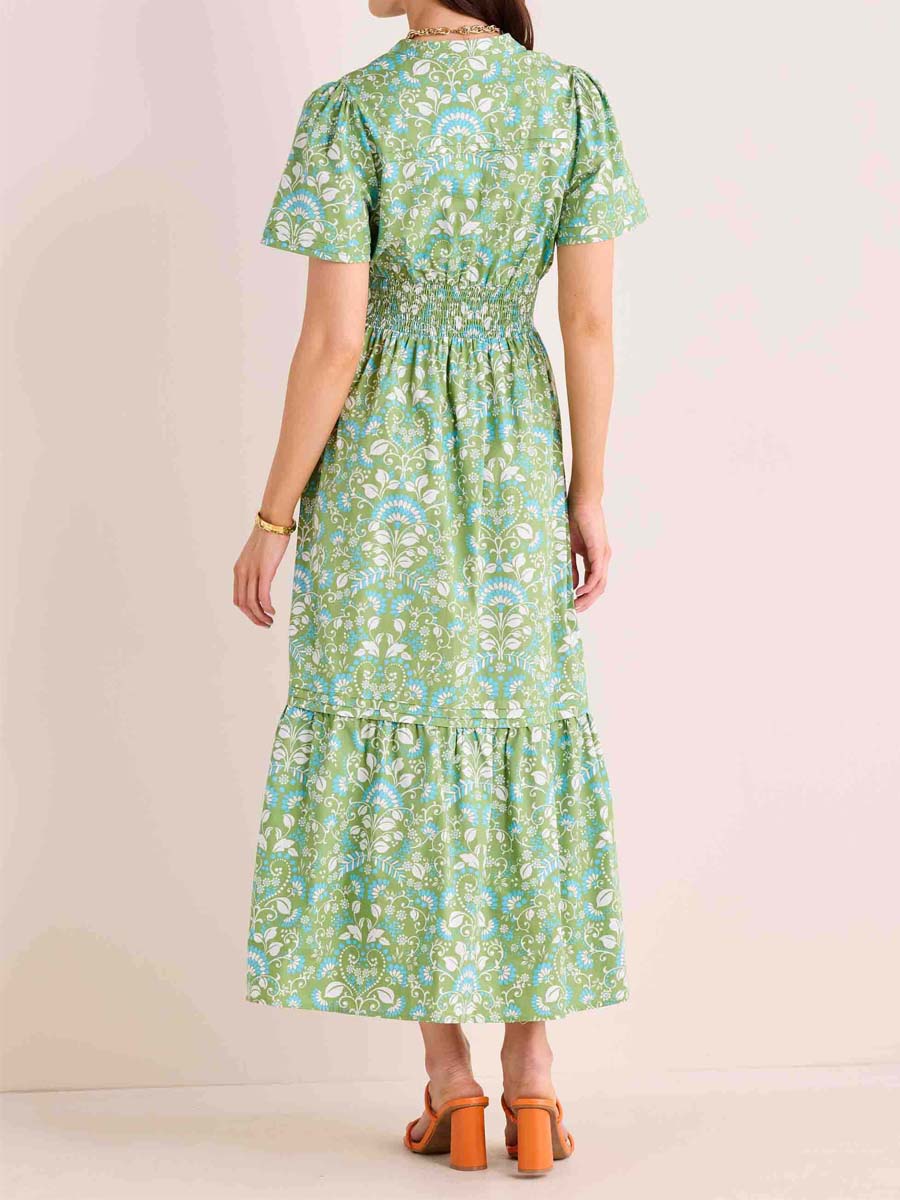 Split Neck Smocked Waist Printed Dress