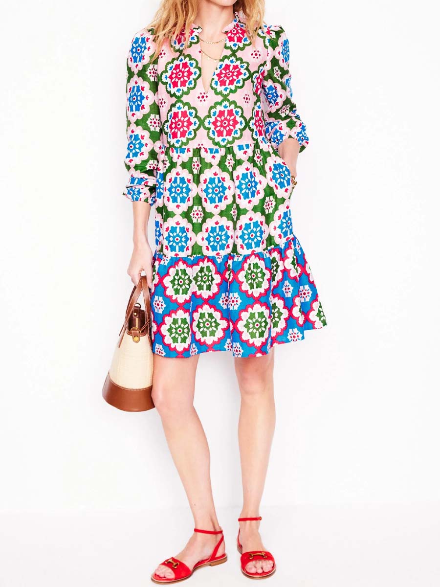 Split Neck Printed Long Sleeve Dress
