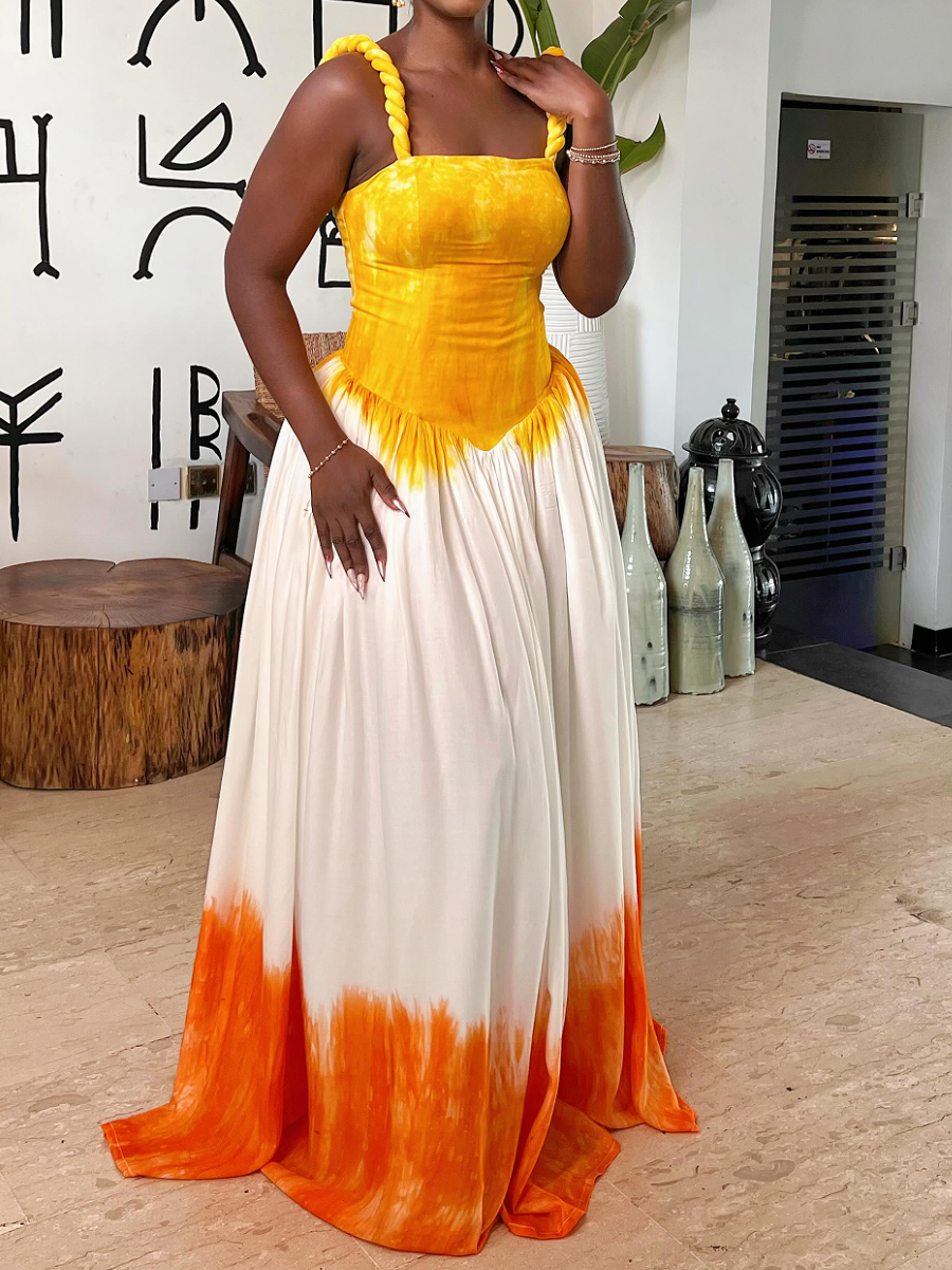 Fashionable And Fresh Strap Waist Color-block Long Dress Dress