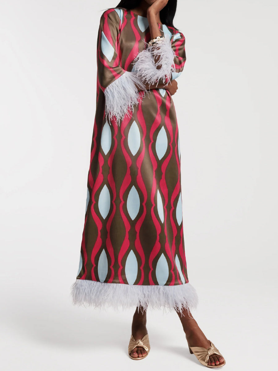 Geometric Print Faux-feather Cuff Maxi Dress