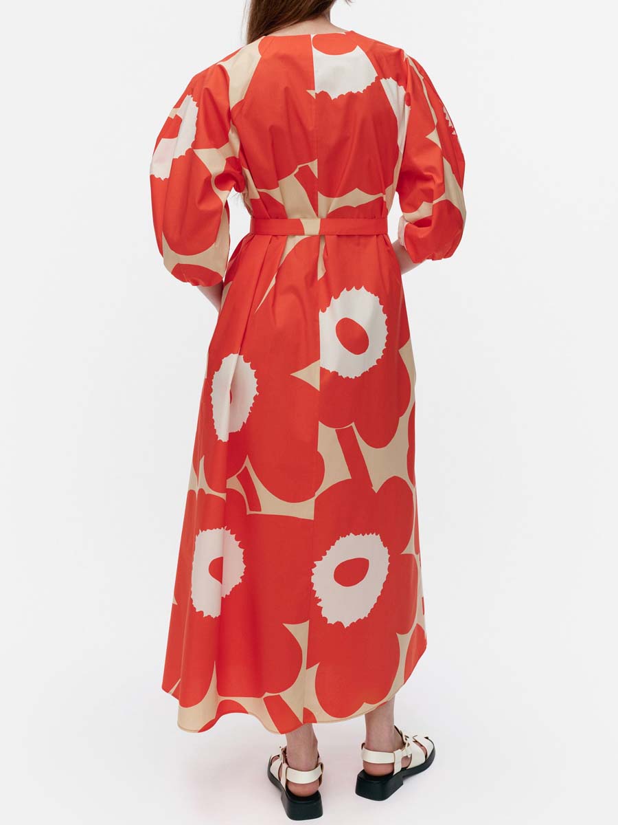 Printed V Neck Puff Sleeve Dress