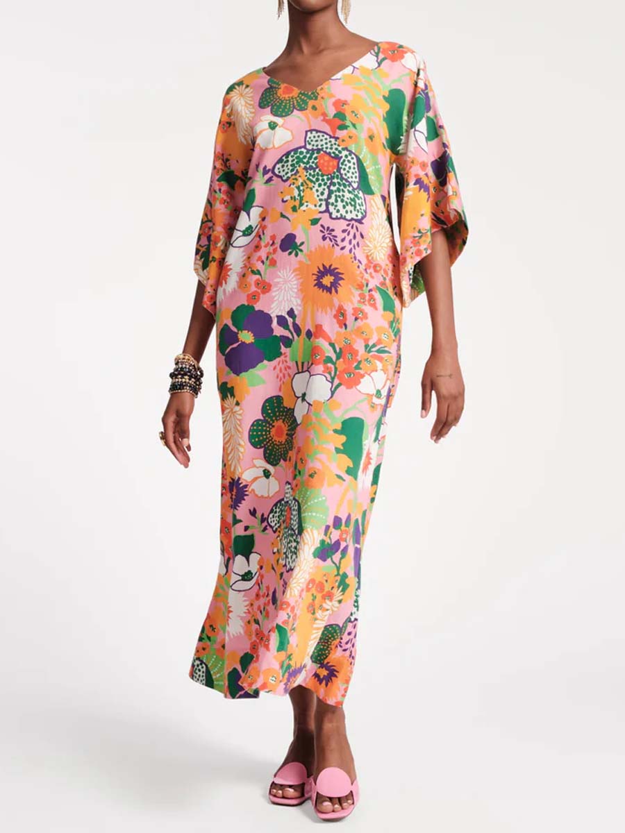 Printed V Neck Loose Maxi Dress