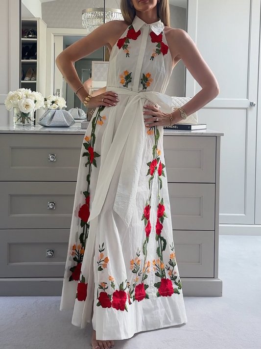 Rose Embroidered Cotton Midi Halter Dress
