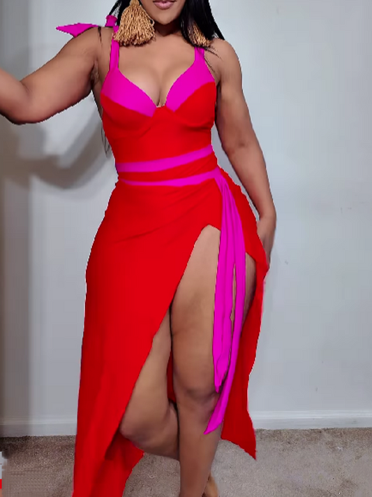 Bohemian Style Triangle Solid Color Wrap Dress Swimsuit