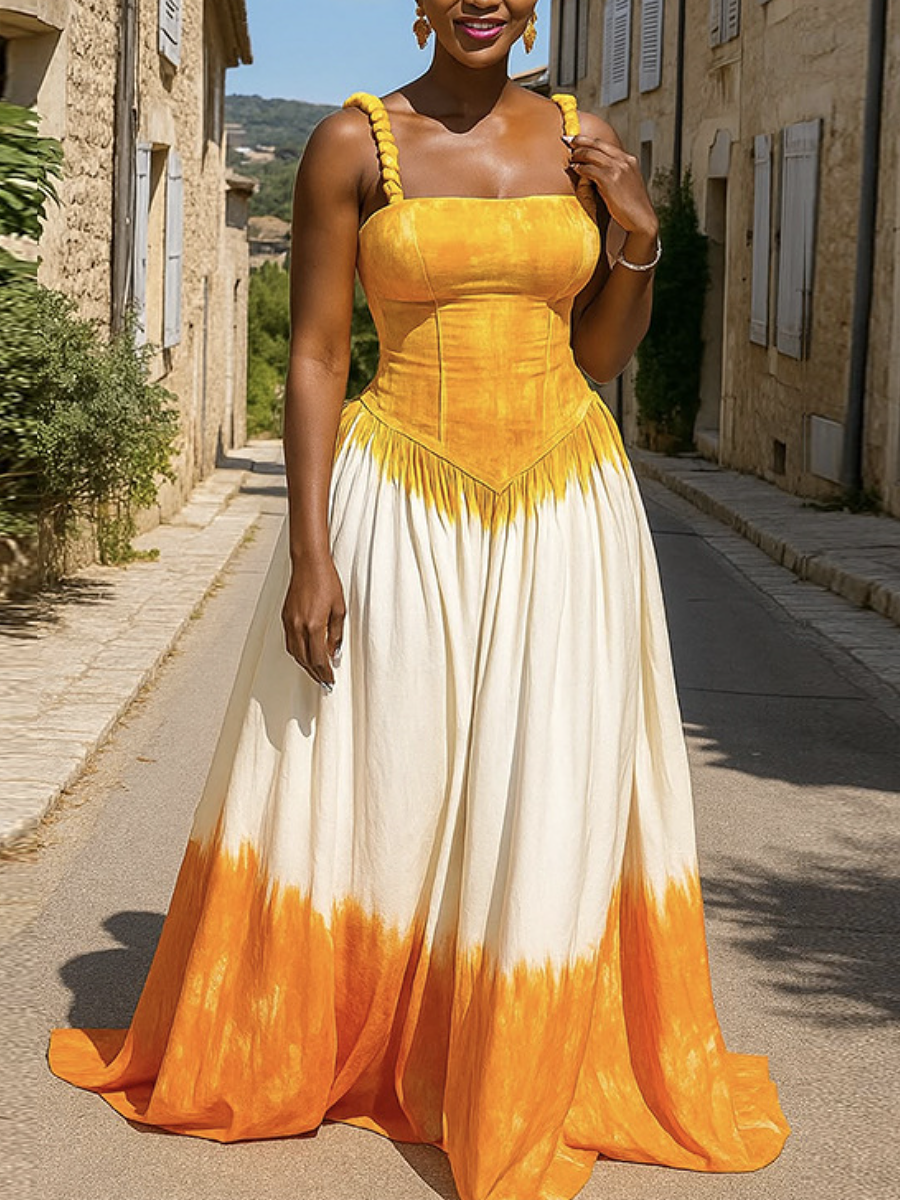 Fashionable And Fresh Strap Waist Color-block Long Dress Dress