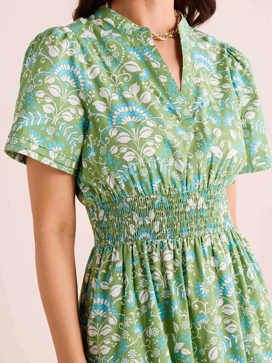 Split Neck Smocked Waist Printed Dress