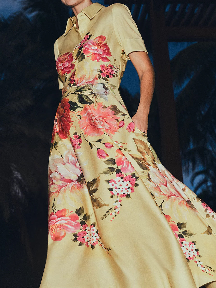Floral Print Elegant Shirt Midi Dress