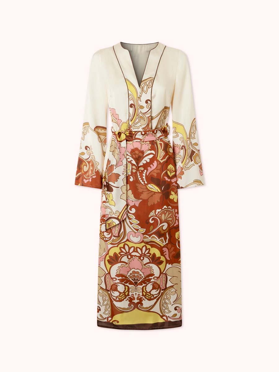 Split Neck Printed Belted Midi Dress