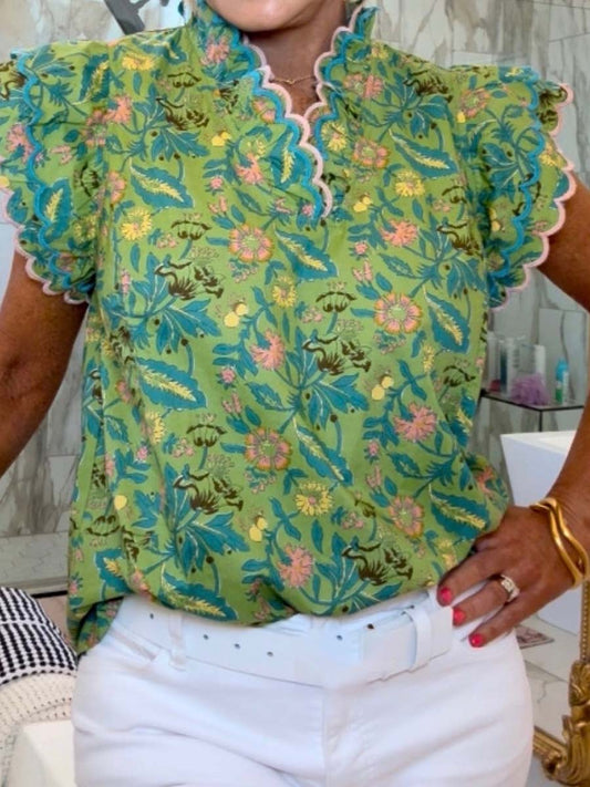 Printed Ruffle Short Sleeve Top