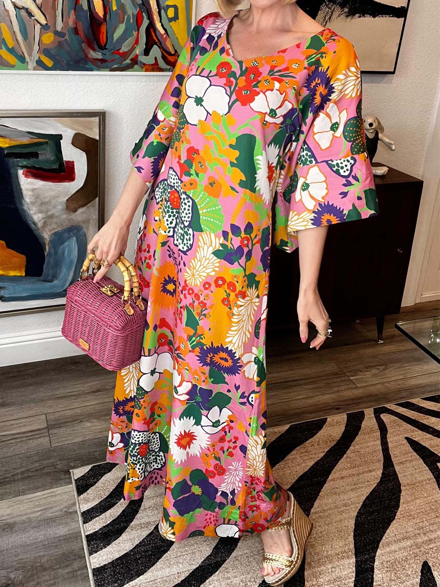 Printed V Neck Loose Maxi Dress