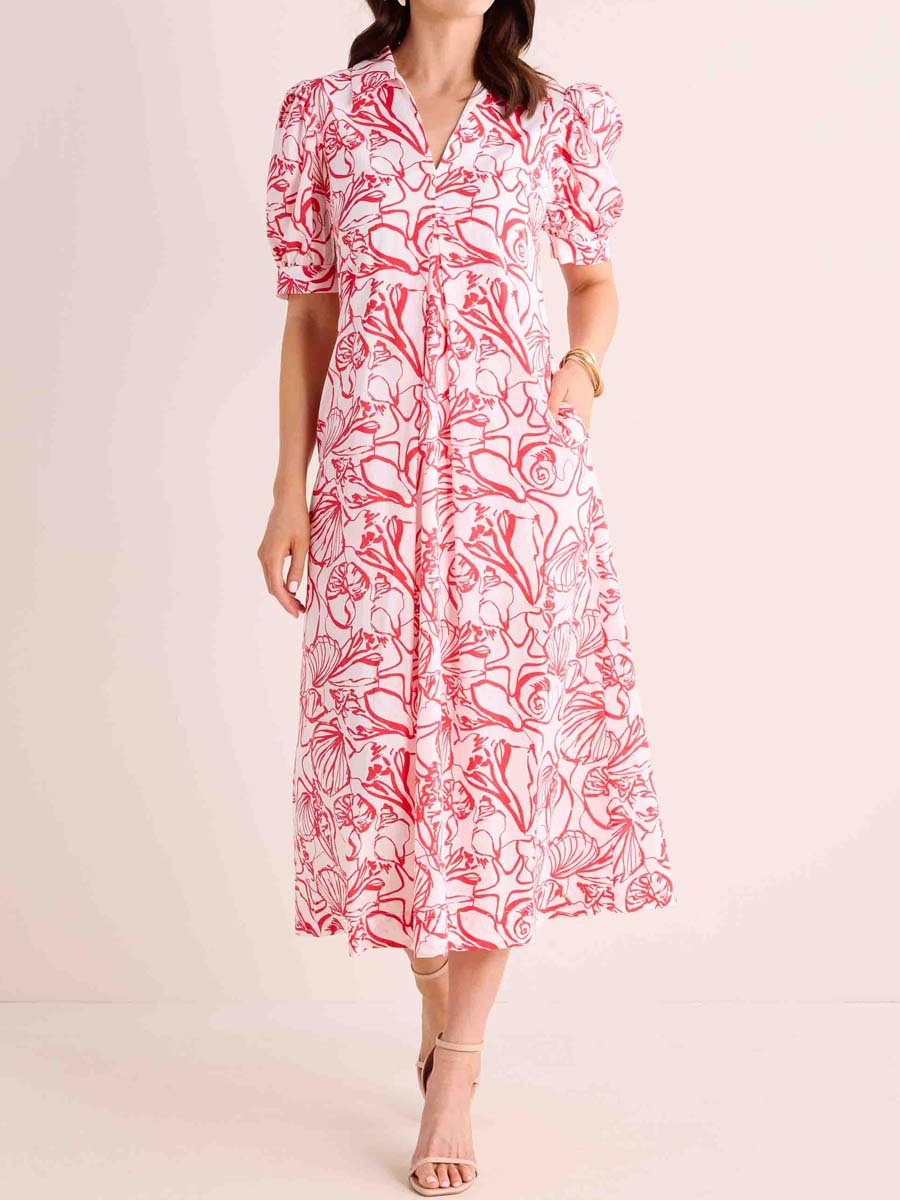 V-neck Print Puff Sleeve Dress