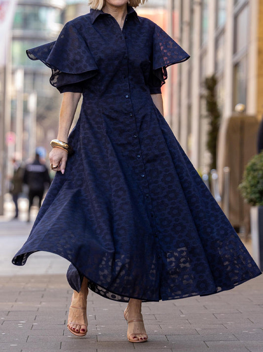 Short Flounced Sleeve Shirt Collar Dress