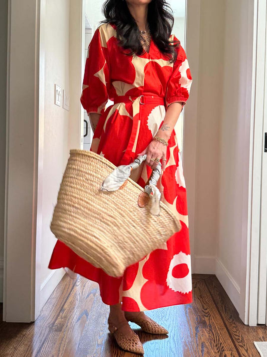 Printed V Neck Puff Sleeve Dress