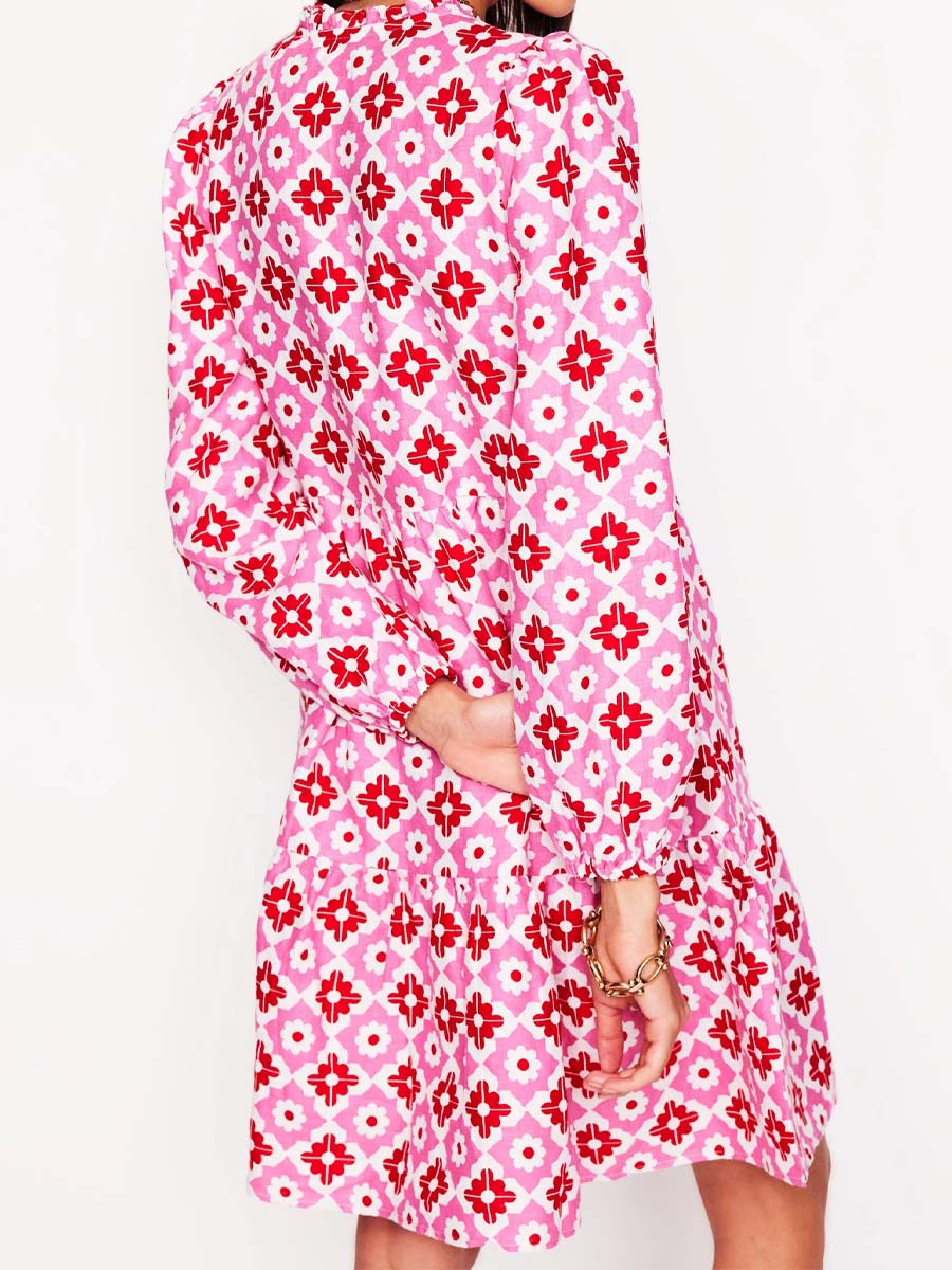 Split Neck Printed Long Sleeve Dress