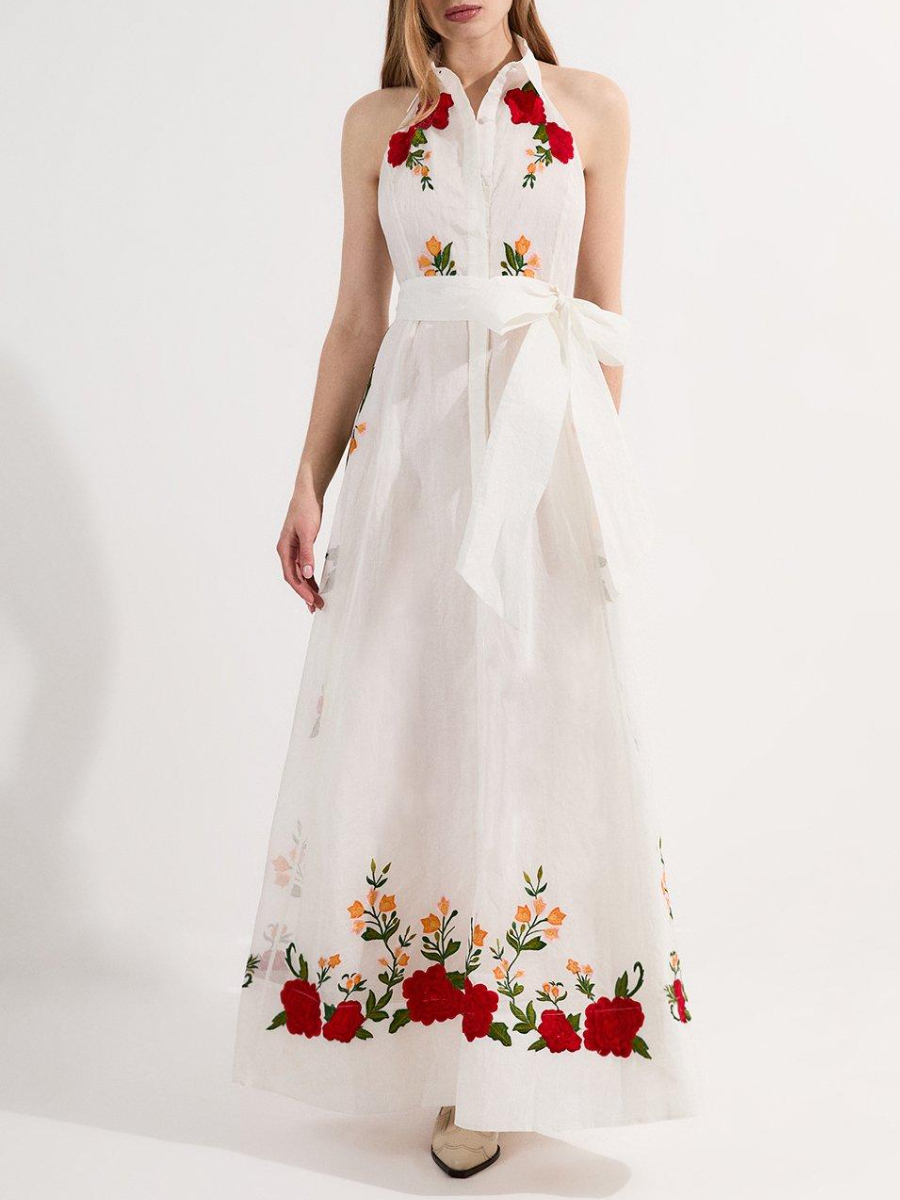 Rose Embroidered Cotton Midi Halter Dress