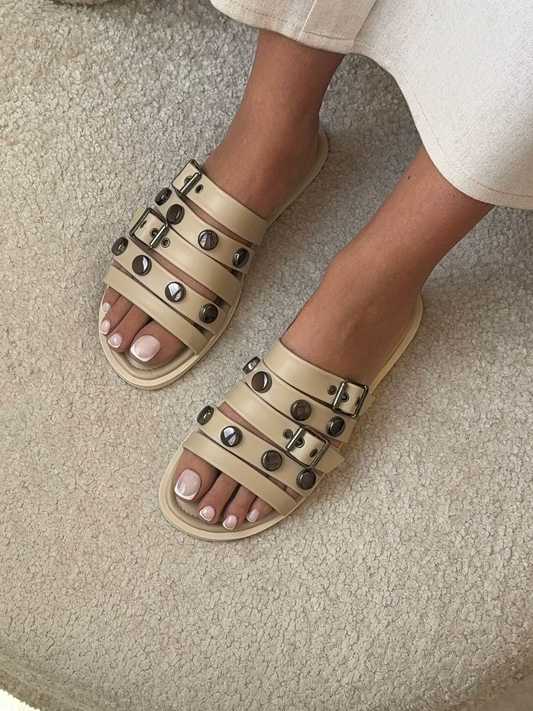 Studded Metal Buckle Flat Sandals