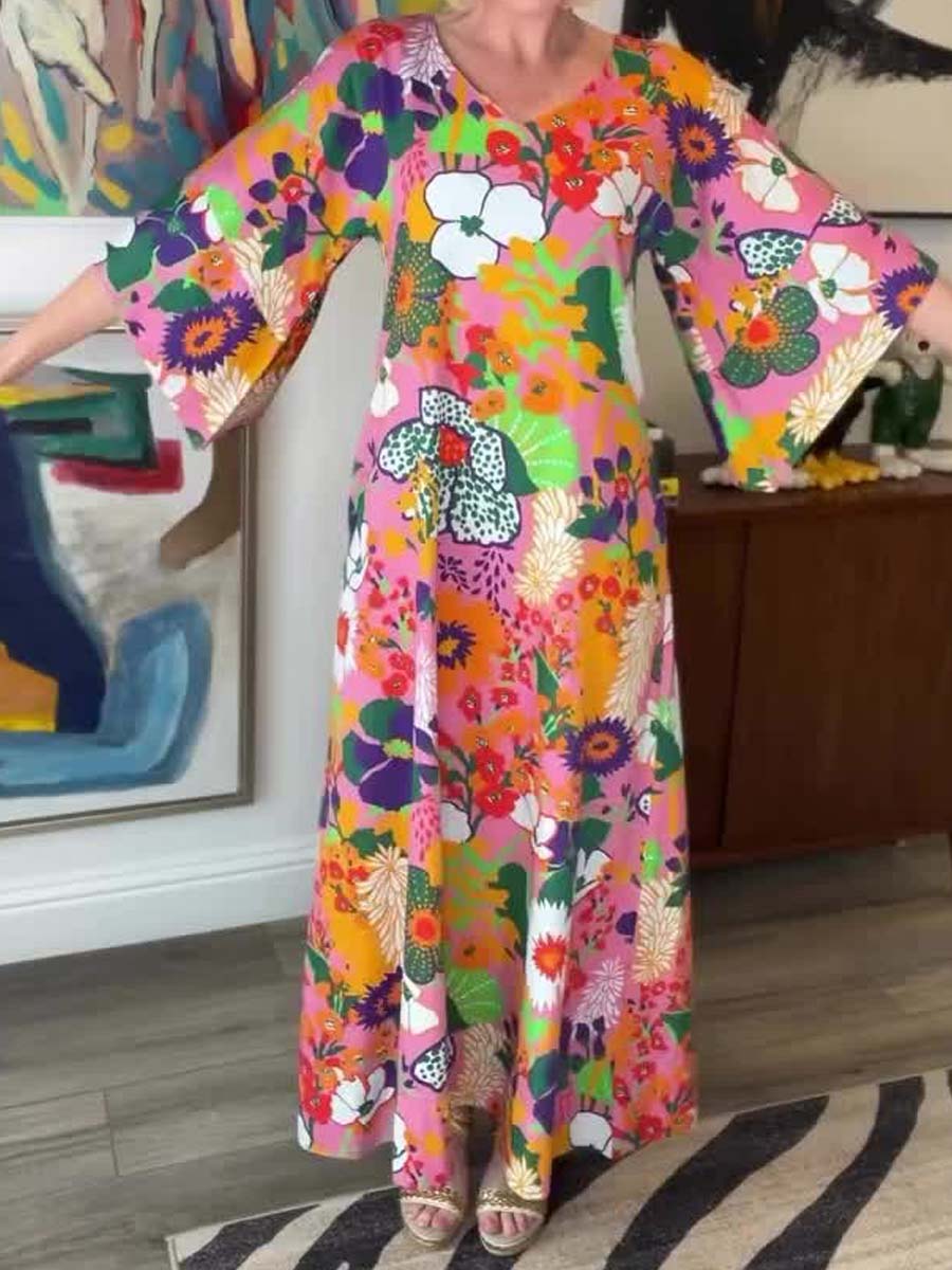 Printed V Neck Loose Maxi Dress