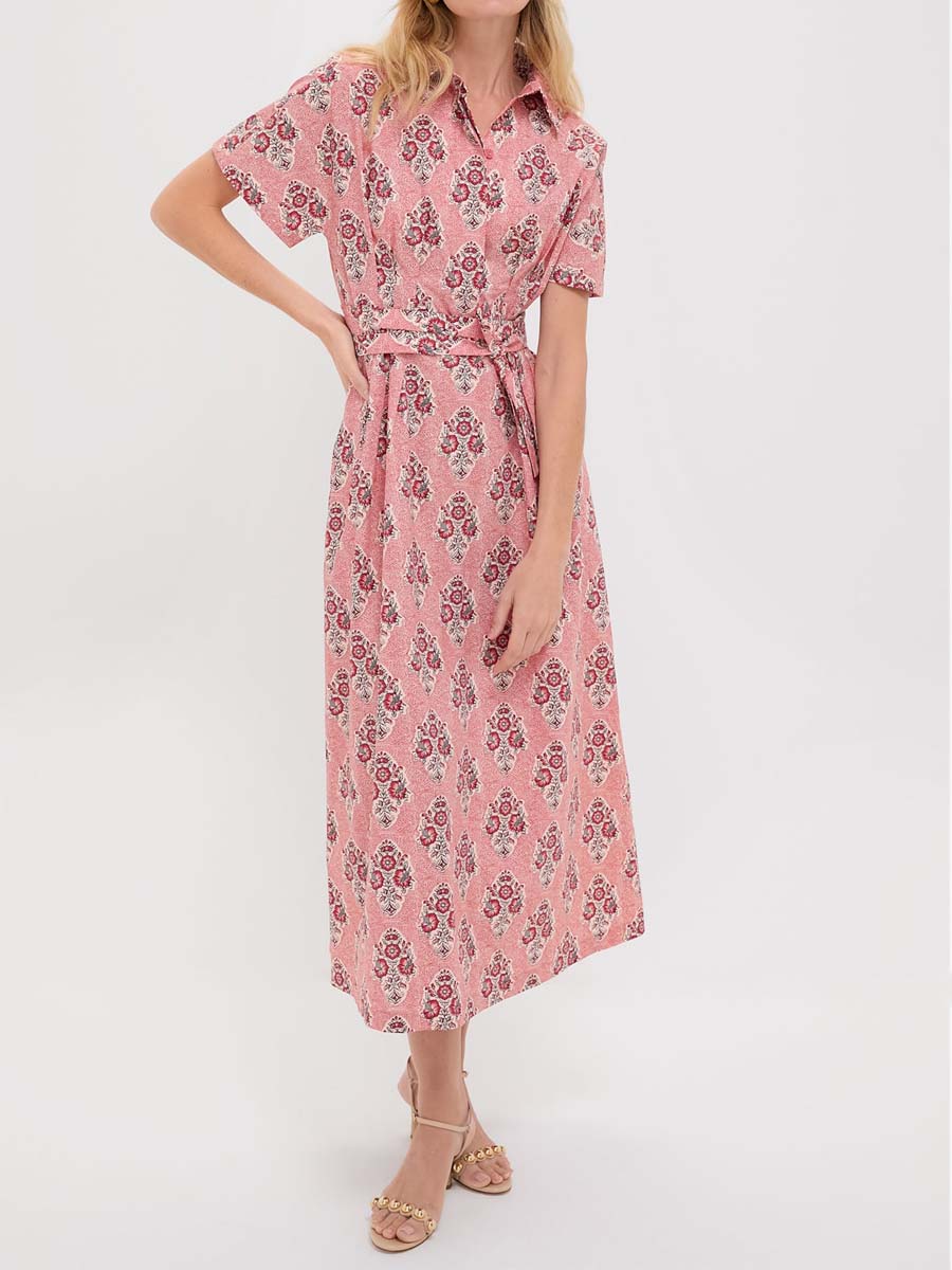 Printed Short Dolman Sleeve Belted Dress