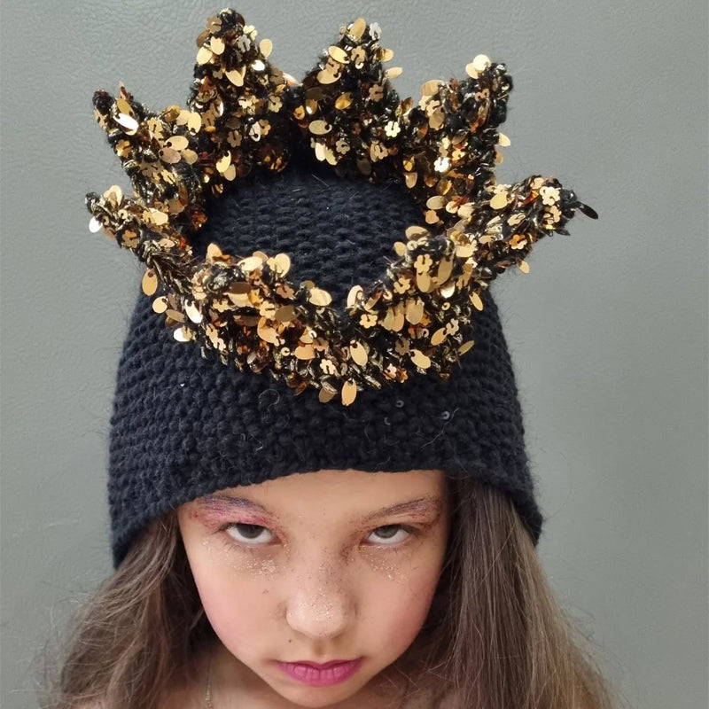 Sequin Crown Lace-Up Wool Hat Knit Pullover Hat