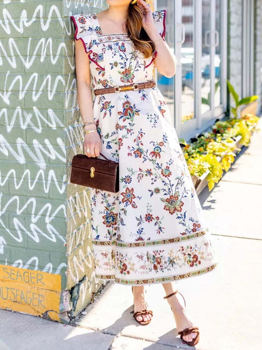 Flutter Sleeve Square Neck Printed Dress