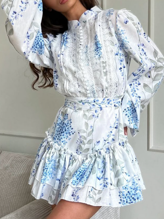 Printed Stand Collar Bubble Sleeve Long Sleeve Ruffled Dress