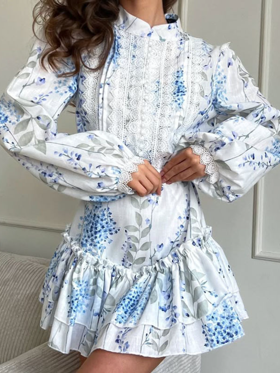 Printed Stand Collar Bubble Sleeve Long Sleeve Ruffled Dress