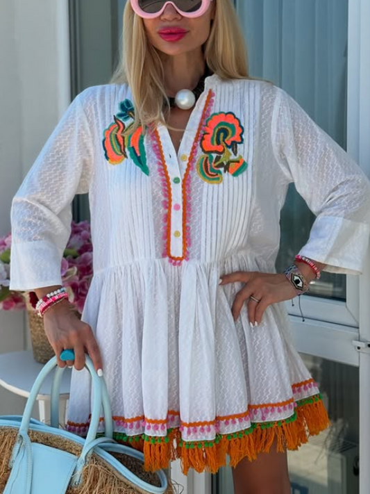 Embroidered Tasselted Skirt Mini Dress