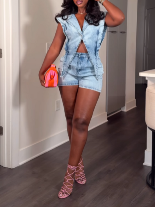 Casual triangle design denim shorts set