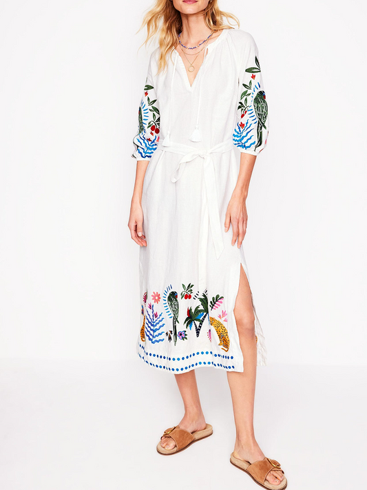 Gentle Floral Embroidered Tassel Lace-Up Dress