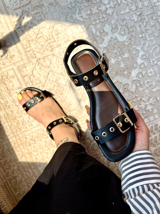Perforated-Eye Metal-Buckle Flat Sandals