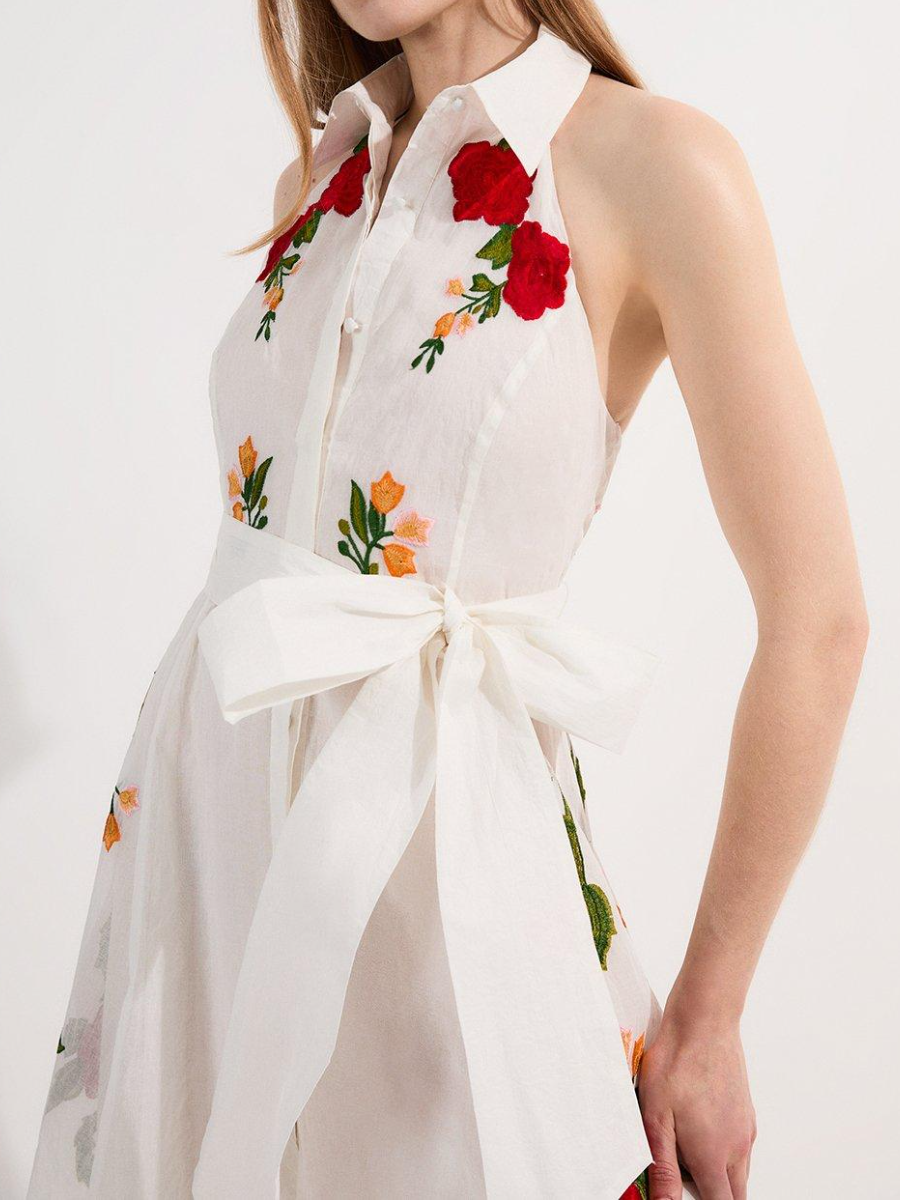 Rose Embroidered Cotton Midi Halter Dress