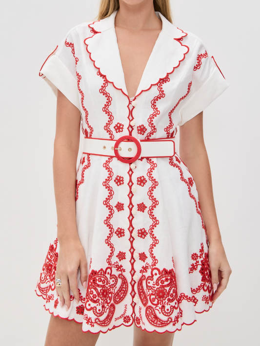 Embroidered Waisted Mini Dress