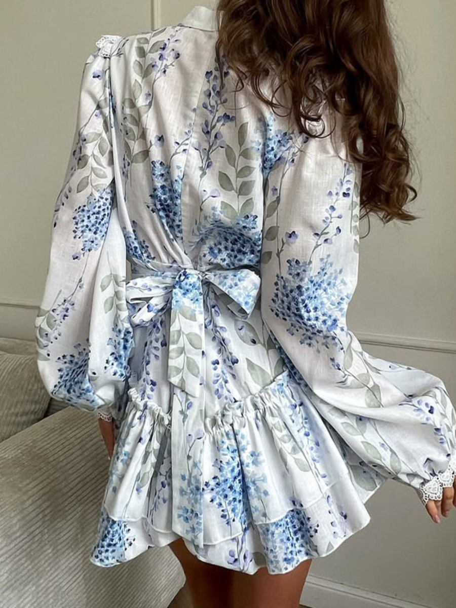 Printed Stand Collar Bubble Sleeve Long Sleeve Ruffled Dress
