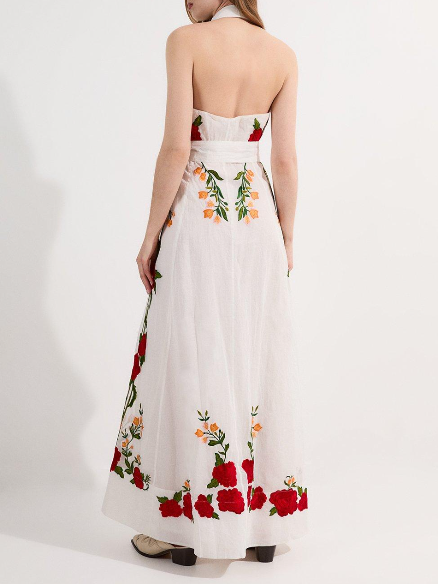 Rose Embroidered Cotton Midi Halter Dress