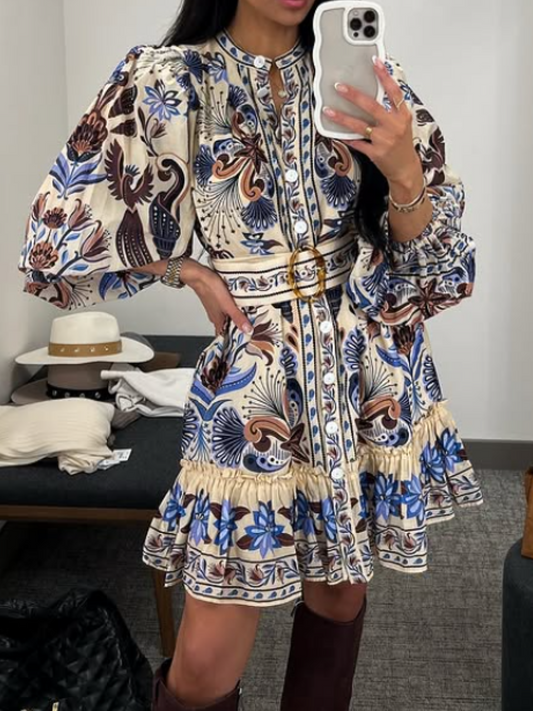Printed Straight Buckle Mini Dress